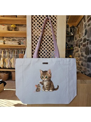 Sevimli Kedi ve Fare Dostluğu Cute Cat And Mouse Friendship Baskılı Naturel Kanvas Bez Çanta Pudra Sap Beyaz Cırt Cırtlı Suluk Tutuculu - Büyük