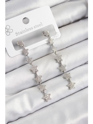 Vice Avm Pirinç Zirkon Taşlı Sallantılı Yıldız Model Gümüş Renk Kadın Küpe (VICE/1395)