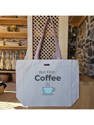 Önce Kahve Sonra Gün But First Coffee Baskılı Naturel Kanvas Bez Çanta Pudra Sap Beyaz Cırt Cırtlı Suluk Tutuculu - Büyük