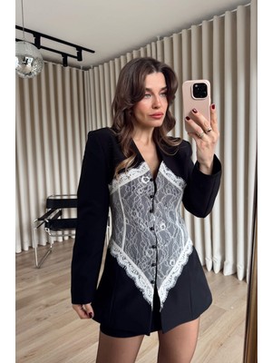 Sue Store Siyah Beyaz Dantel Korseli Tasarım Blazer Ceket