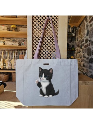 Büyüleyici Siyah Beyaz Kedi ve Baloncuk Bubbles Baskılı Naturel Kanvas Bez Çanta Pudra Sap Cırt Cırtlı Suluk Tutuculu - Büyük