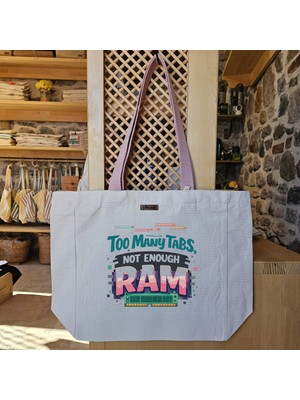 Mavi Logo Detayı Ram Temalı ve Bilgisayar Modern, Eğlenceli Baskılı Naturel Kanvas Bez Çanta Pudra Sap Beyaz Cırt Cırtlı Suluk Tutuculu - Büyük