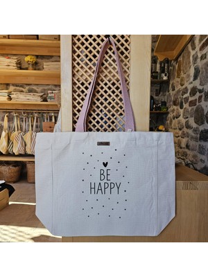 Yıldızlarla Bezenmiş Mutluluk Mesajı Baskılı Naturel Kanvas Bez Çanta Pudra Sap Beyaz Cırt Cırtlı Suluk Tutuculu - Büyük