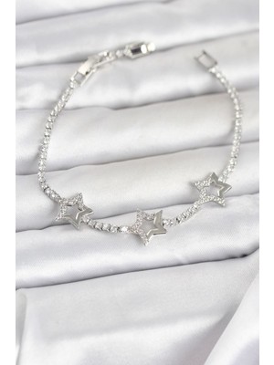 Vice Avm Pirinç Gümüş Renk Yıldız Model Zirkon Taşlı Su Yolu Kadın Bileklik - TJ-BB8376110843 Tg-V