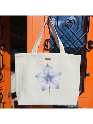 Mavi Çiçek Deseni Baskılı Naturel Kanvas Bez Çanta Sap Beyaz Cırt Cırtlı Suluk Tutuculu - Büyük