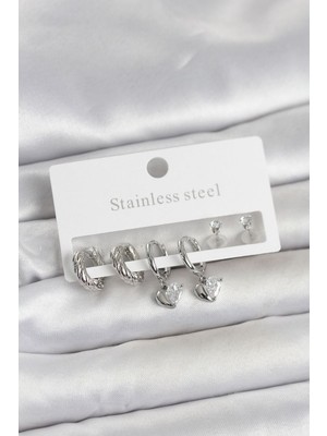 Vice Avm 316L Çelik Gümüş Renk Kalp Detaylı Kadın Küpe Seti (VICE/1395)