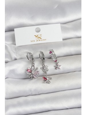 Vice Avm Pirinç Gümüş Renk Çiçek Model 3'lü Kadın Küpe (VICE/1395)