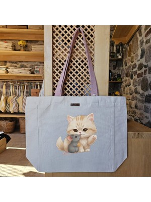 Sevimli Kedi ve Fare Dostluğu Cute Cat And Mouse Friendship Krem Gri Hayvanlar Baskılı Naturel Kanvas Bez Çanta Pudra Sap Beyaz Cırt Cırtlı Suluk Tutuculu - Büyük