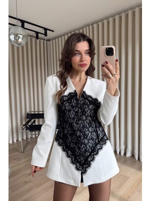 Sue Store Beyaz Siyah Dantel Korseli Tasarım Blazer Ceket