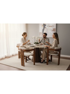 VETROWOOD Lorien Yuvarlak Masa Takımı 110 cm Silves Krem Ton Mermer Desen 4 Sandalyeli