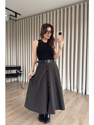 Sue Store Siyah Kahve Etekten Düğme Detaylı Kemerli Poplin Elbise