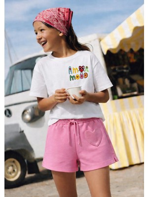 Monila Kız Çocuk Pamuklu Ekru Yazı Baskılı T-Shirt ve Pembe Kalp Detaylı Şort Alt Üst Takım