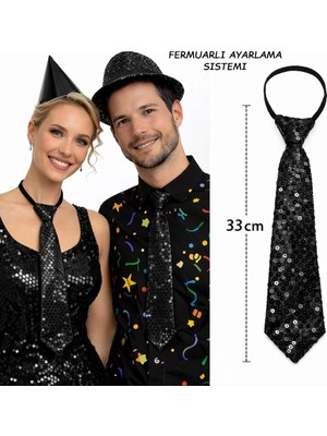 İlkyaz Fashion Siyah Renk Pul Payetli Işıltılı Parti Kravatı 33 cm