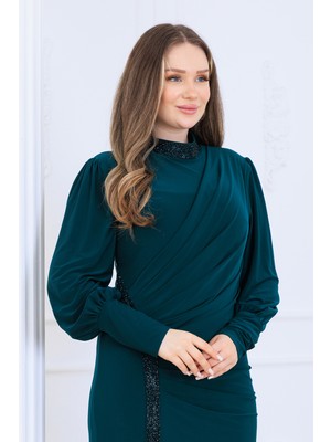 Elbenmoda Eleni Taş Detaylı Şık ve Zarif Tesettür Abiye Elbise