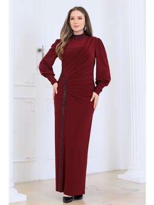 Elbenmoda Eleni Taş Detaylı Şık ve Zarif Tesettür Abiye Elbise