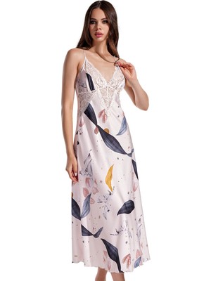 Vienetta Kadın Saten Dantelli Ince Askılı Uzun Desenli Krem Gecelik C5T0N3161