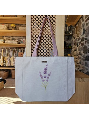 Lavanta Buketi Tasarımı Lavender Bouquet Design Baskılı Naturel Kanvas Bez Çanta Pudra Sap Beyaz Cırt Cırtlı Suluk Tutuculu - Büyük