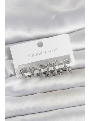 Vice Avm 316L Çelik Gümüş Renk Zirkon Taşlı Halka Model Kadın Küpe Seti (VICE/1395)