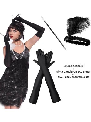 İlkyaz Fashion 192039LER Gatsby Aksesuar Seti – Siyah Charleston Saç Bandı, Uzun Eldiven  Lık