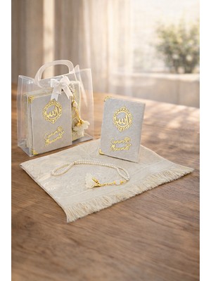 İhvan Online Anneler Gününe Özel Çantalı Kadife Kaplı Yasin Kitabı Tesbih Seccade Seti Beyaz