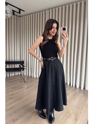 Sue Store Siyah Etekten Düğme Detaylı Kemerli Poplin Elbise