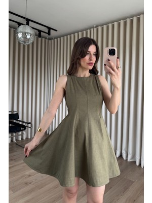 Sue Store Haki Kolsuz Kloş Kesim Denim Mini Elbise