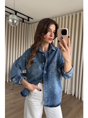 Sue Store Mavi Taşlı Düğmeli Kot Gömlek