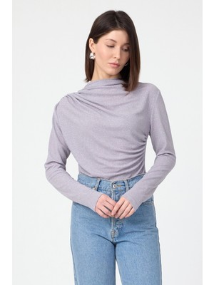 Segnante Kadın Büzgü Detaylı Uzun Kol Sandy Simli Gri Bluz