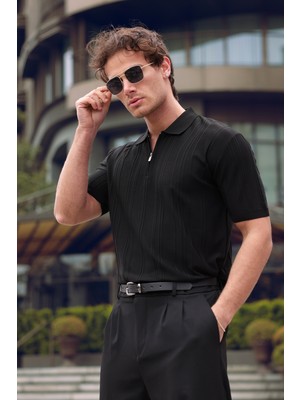 Aziso Erkek Polo Yaka Yarım Fermuarlı T-Shirt