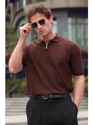 Aziso Erkek Polo Yaka Yarım Fermuarlı Kahverengi T-Shirt Kısa Kol Günlük Stil Regular Fit