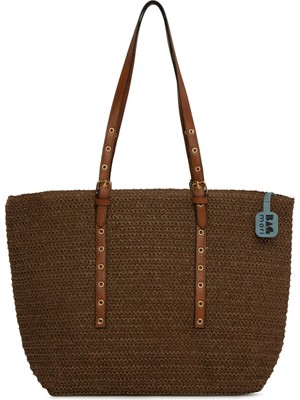 Bagmori Kahverengi Kemer Detaylı Tote Hasır Çanta