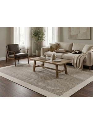 Sultan Halı Derin Sisal Krem Çerçeveli Vizon Zemin Jüt Sisal Dekoratif Kaymaz Taban Yıkanabilir Halı | ST02