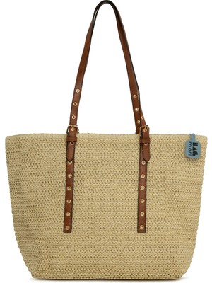 Bagmori Krem Kemer Detaylı Tote Hasır Çanta