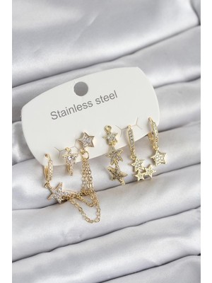 Vice Avm 316L Çelik Gold Renk 6'lı Set Zincirli Yıldız Modelli Kadın Küpe (VICE/1395)