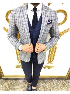 Fc Plus Desenli Yelekli Lacivert Takım Elbise