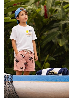 Monila Erkek Çocuk Pamuklu Ekru Palmiye Baskılı T-Shirt ve Şort Alt Üst Takım