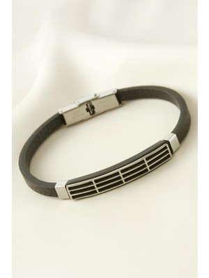 Prativas Çizgili Deri Çelik Bileklik