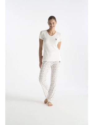 U.s. Polo Assn. 20275 Kadın Ekru Kısa Kollu V Yaka Pijama Takımı