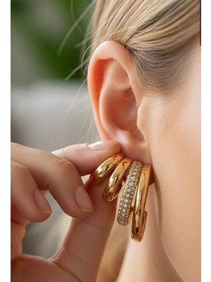 PremiumPort Yarı Çoklu Görünüm Altın Renk Zirkon Taşlı Çelik Küpe