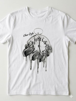 Alza Design Unisex Beyaz Bisiklet Yaka "olur Öyle" Eriyen Saat Tasarımlı Grafik Tişört