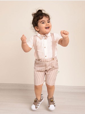 Mika Kids Bej Çizgili Kumaş Keten Gömlek Erkek Bebek Papyonlu Yazlık Salopet Bayramlık
