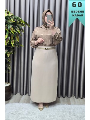 Elmas Tesettür Kadın Giyim Büyük Beden Kemerli Gizli Yırtmaç Detaylı Astarlı Krep Kumaş Etek
