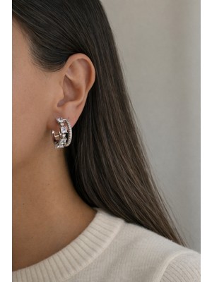 PremiumPort Şık Silver Full Taşlı Çift Sıra Küpe, Paslanmaz, Zarif ve Parlak Tasarım