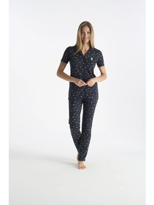 U.s. Polo Assn. 20233 Kadın Lacıvert Kısa Kollu Gömlek Yaka Önden Düğmeli Pijama Takımı