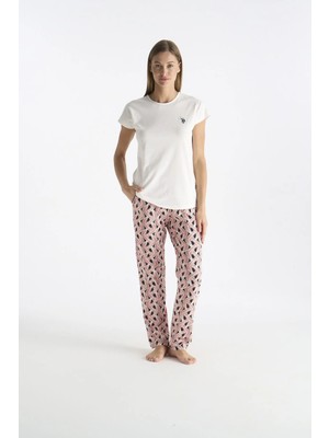 U.s. Polo Assn. 20248 Kadın Ekru Kısa Kollu Yuvarlak Yaka Pijama Takımı