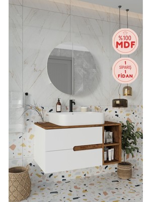 Balneom Koza Beyaz 90 cm %100 Mdf Lavabolu Banyo Dolabı Ayna Lavabo