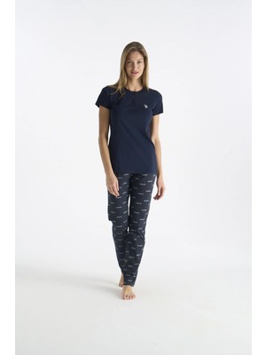 U.s. Polo Assn. 20214 Kadın Lacıvert Kısa Kollu Yarım Patlı Pijama Takımı
