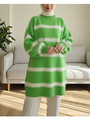 Moda Morfo Çizgili Yarım Boğazlı Balon Kol Triko Tunik  -F.yeşili