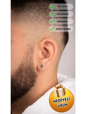 PremiumPort Şık Erkek Çelik Özel Tasarım Haç Figürlü Küpe, Kararma Yapmaz