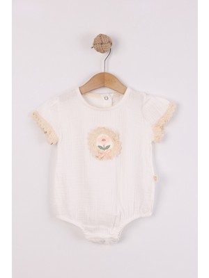 Joy Kids Kız Bebek Dantel Detaylı %100 Pamuk Müslin Tulum (0-6AY) (Beyaz)